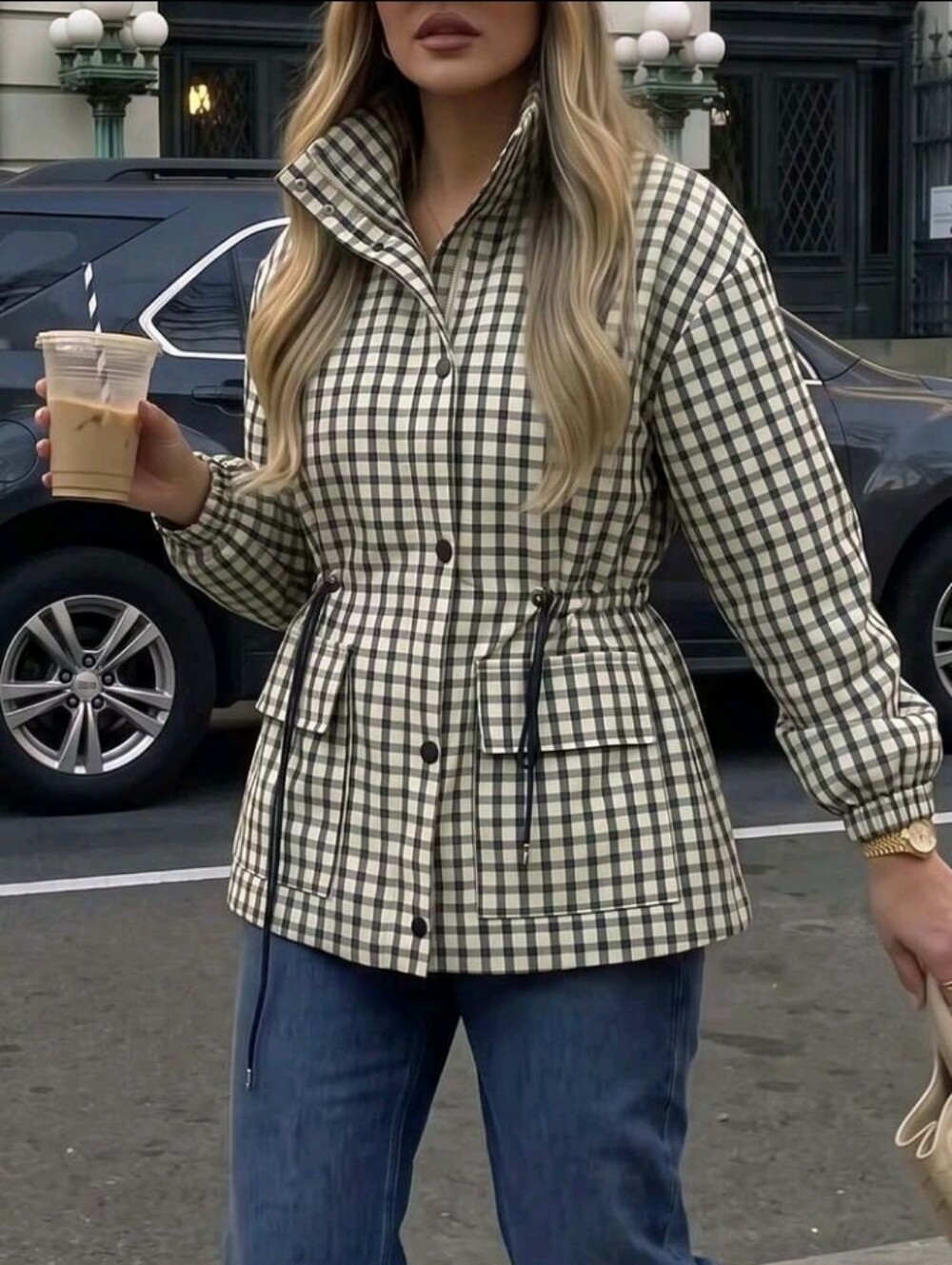 1pc Women's Classic Small Plaid Stand Collar Cinched Waist Utility Jacket
